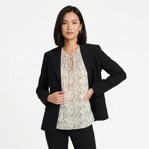 29. The Limited Black Blazer, Vici Snakeskin Print Peasant Blouse and Earrings